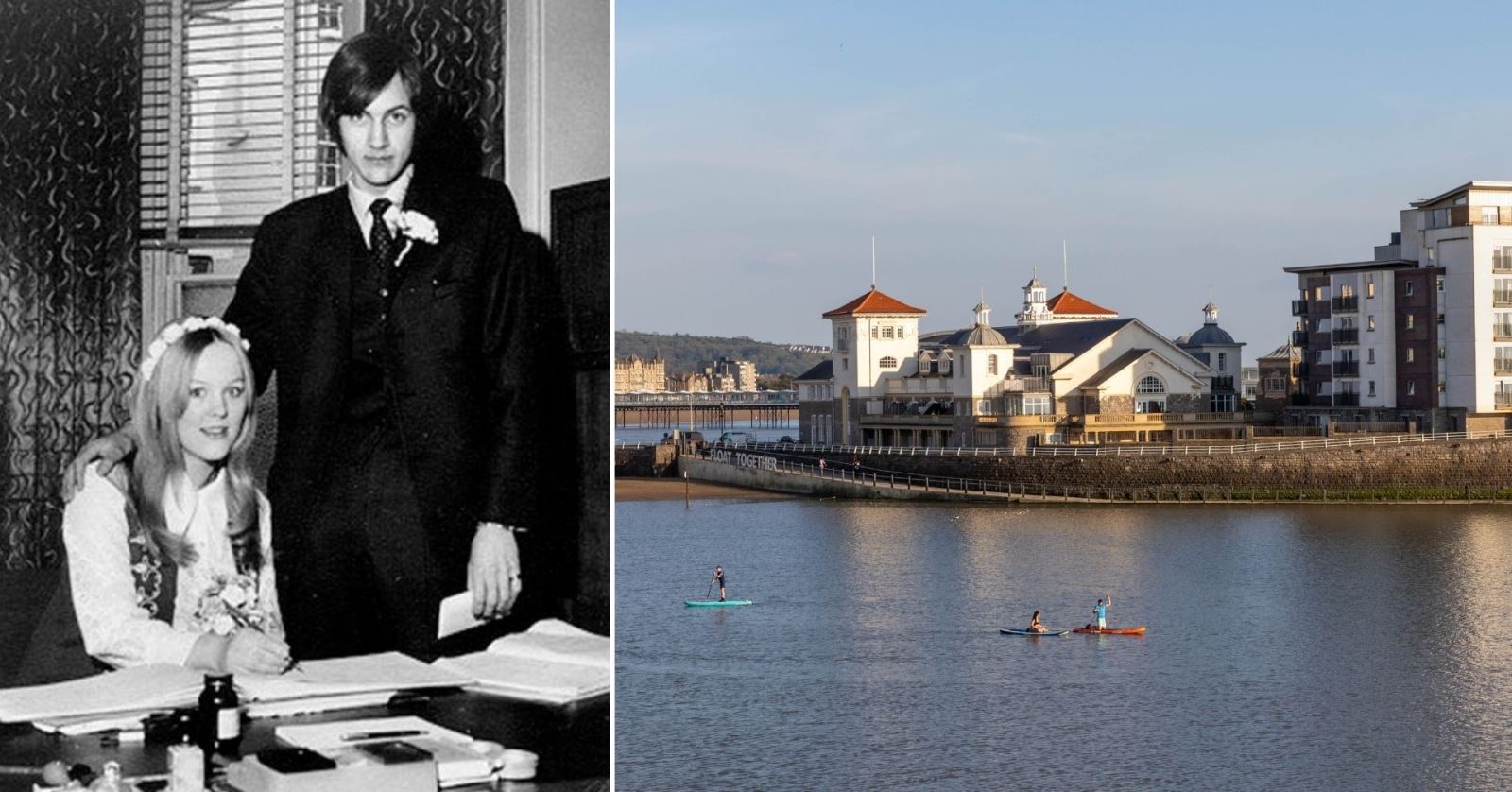 A black and white image of Sue and Trevor Sherman signing their wedding register in Weston-super-Mare alongside a colour picture of Weston-super-Mare